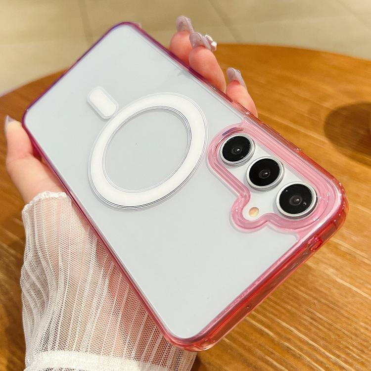 Funda MagSafe transparente con degradado de color en contraste para Samsung Galaxy F15/M15 5G (morado, rosa y morado claro)