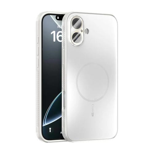 Funda ABEEL MagSafe esmerilada con disipación de calor y película para lente para iPhone 16 Plus (blanca)