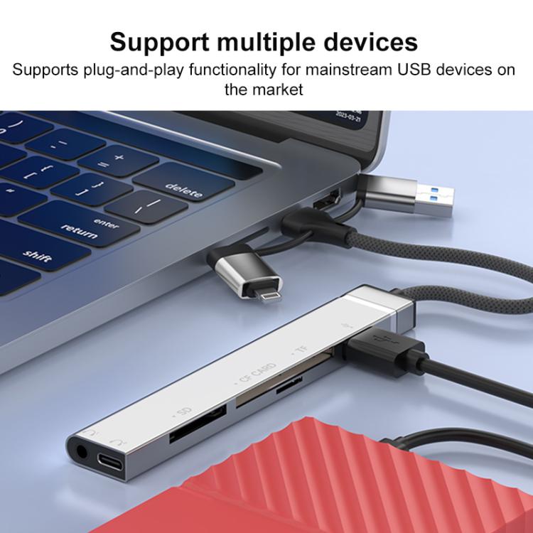 Lector de tarjetas USB Tipo C 8 pines a CF TF SD adaptador HUB 3,5 mm estación de acoplamiento 6 en 1 (Plateado)