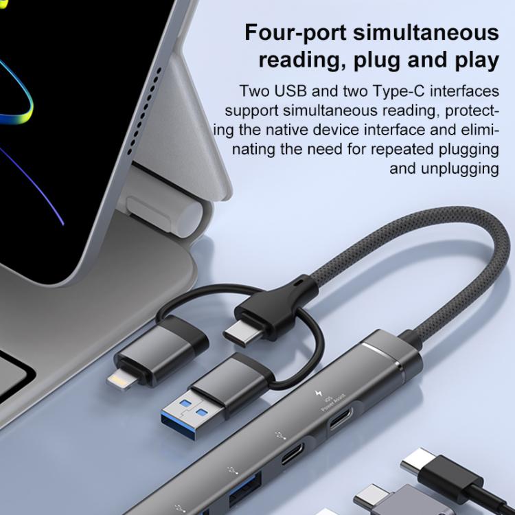 Adaptador concentrador USB/Tipo C/8 pines a PD, 2 USB, 2 tipo C, estación de acoplamiento 5 en 1 (plateado)