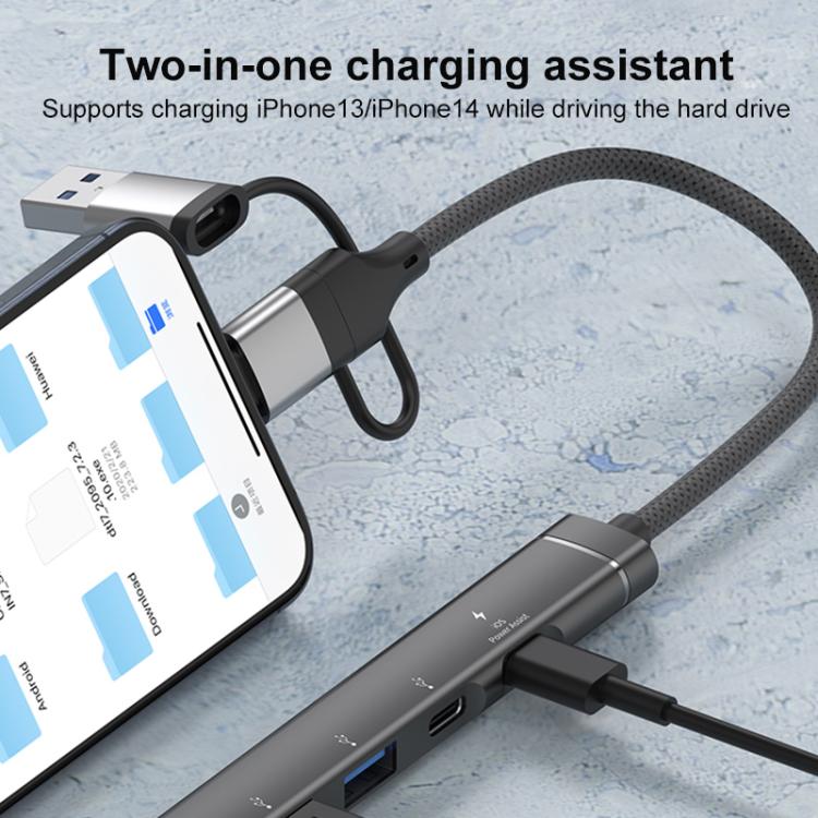 Adaptador concentrador USB/Tipo C/8 pines a PD, 2 USB, 2 tipo C, estación de acoplamiento 5 en 1 (plateado)