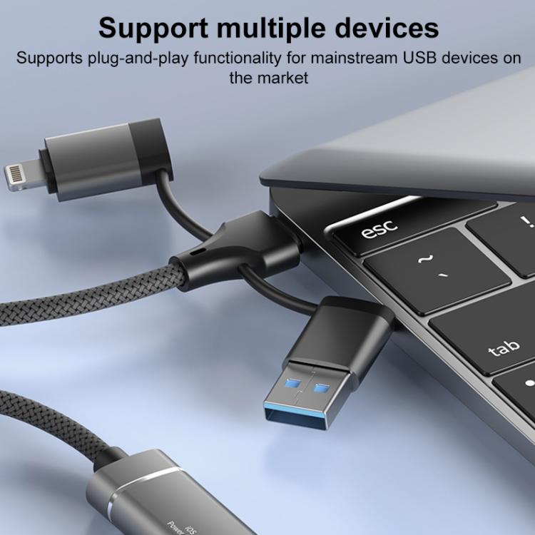 Adaptador USB Tipo C 8 pines a lector tarjetas TF SD concentrador estación acoplamiento 5 en 1 (Gris)