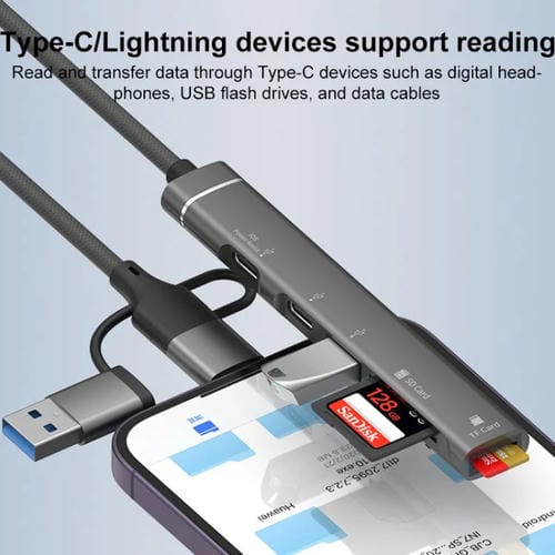 Adaptador USB Tipo C 8 pines a lector tarjetas TF SD concentrador estación acoplamiento 5 en 1 (Plateado)