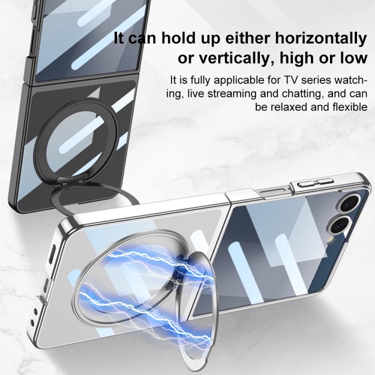 Funda para Samsung Galaxy Z Flip7 5G con galvanoplastia integrada y cobertura total, con soporte giratorio magnético (transparente)