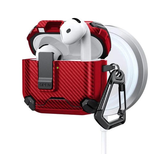 Estuche magnético MagSafe de dos colores con diseño de fibra de carbono para AirPods 4 (rojo)