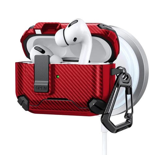 Estuche magnético MagSafe de dos colores con diseño de fibra de carbono para AirPods Pro (rojo)