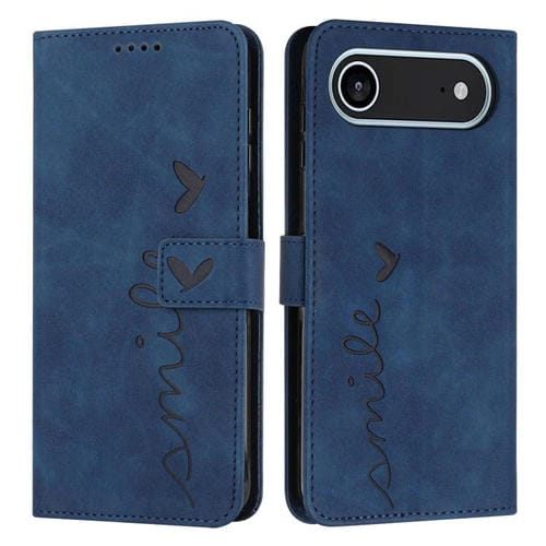 Funda de piel con relieve de corazón y cordón largo para iPhone 17 Air Skin Feel (azul)