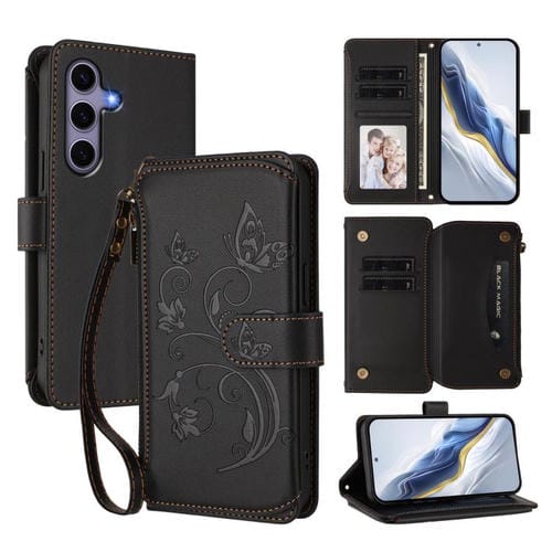 Funda de cuero con cremallera para Samsung Galaxy S24/S25 5G, diseño de mariposas y flores, con múltiples tarjetas (negro)