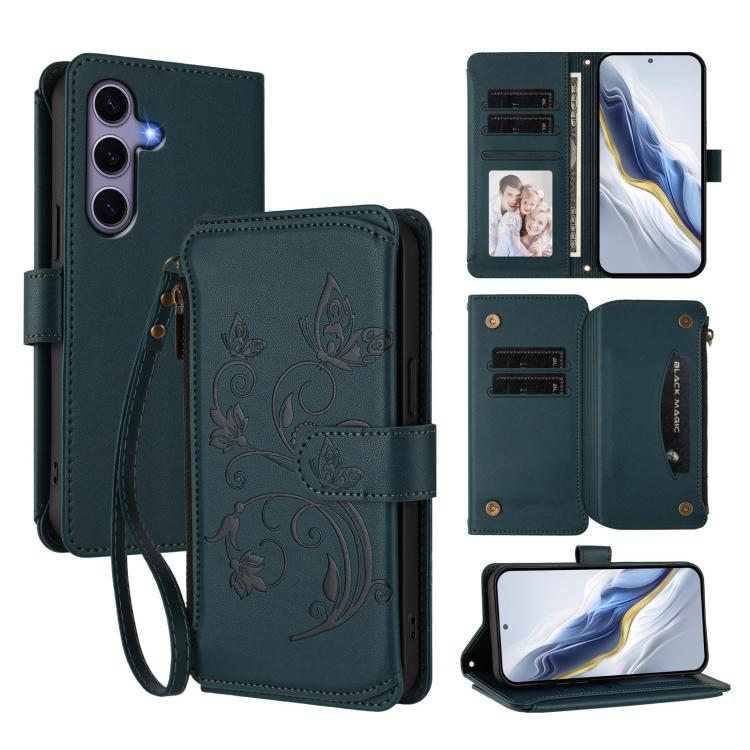 Funda de cuero con cremallera para Samsung Galaxy S24+ / S25+ 5G, diseño de mariposas, flores y amor, con múltiples tarjetas (verde oscuro)