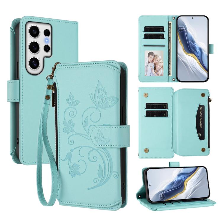 Funda de cuero con cremallera para Samsung Galaxy S24 Ultra 5G, diseño de mariposas, flores y amor, con múltiples tarjetas (verde menta)