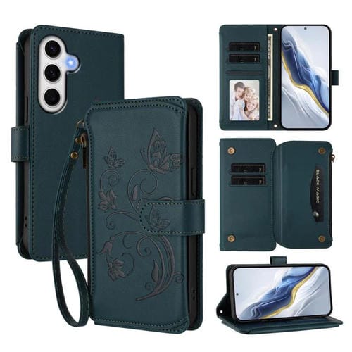 Funda de cuero con cremallera para Samsung Galaxy S23 FE 5G, diseño de mariposas, flores y amor, con múltiples tarjetas (verde oscuro)