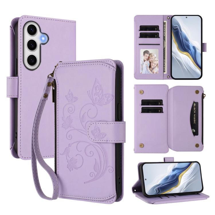 Funda de cuero con cremallera para Samsung Galaxy S23 FE 5G, diseño de mariposas, flores y amor, con múltiples tarjetas (morado claro)