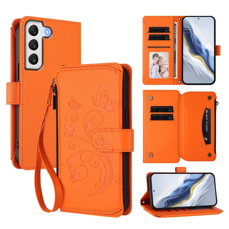 Funda de cuero con cremallera para Samsung Galaxy S22+ 5G, diseño de mariposas, flores y amor, con múltiples tarjetas (naranja)