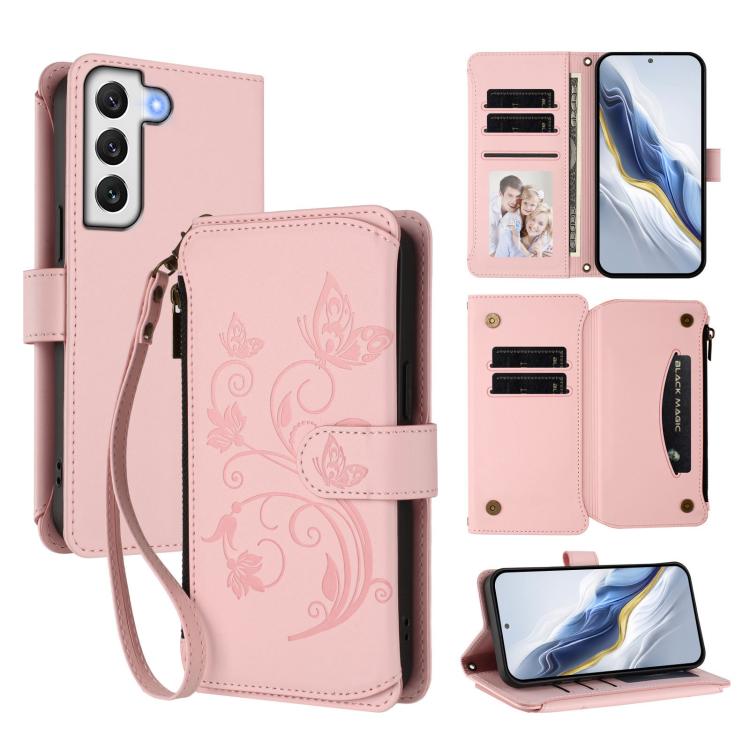 Funda de cuero con cremallera para Samsung Galaxy S21 5G, diseño de mariposas, flores y amor, con múltiples tarjetas (rosa)