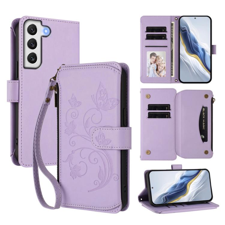 Funda de cuero con cremallera para Samsung Galaxy S21+ 5G, diseño de mariposas, flores y amor, con múltiples tarjetas (morado claro)