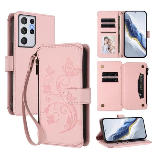 Funda de cuero con cremallera para Samsung Galaxy S21 Ultra 5G, diseño de mariposas, flores y amor, con múltiples tarjetas (rosa)