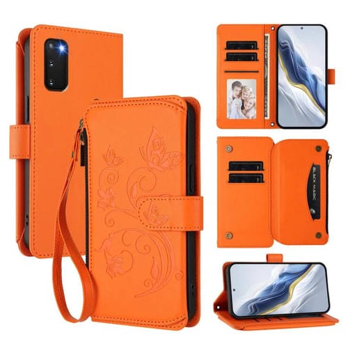 Funda de cuero con cremallera para Samsung Galaxy S20, diseño de mariposas, flores y amor, con múltiples tarjetas (naranja)