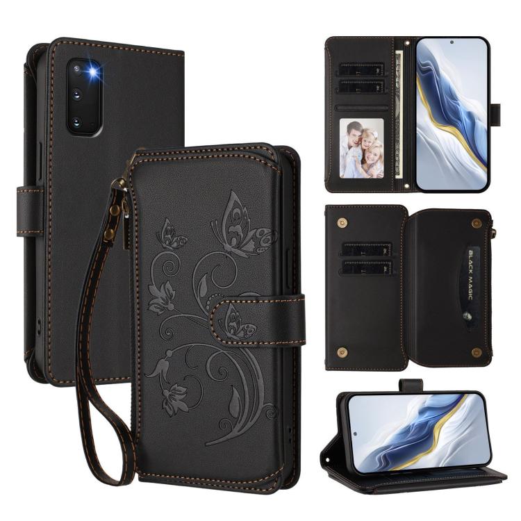 Funda de cuero con cremallera para Samsung Galaxy S20, diseño de mariposas, flores y amor, con múltiples tarjetas (negro)