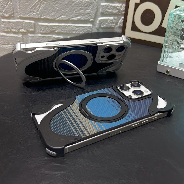 Funda de metal sin marco para iPhone 15 Pro con rotación de 360 grados y soporte MagSafe (color titanio)