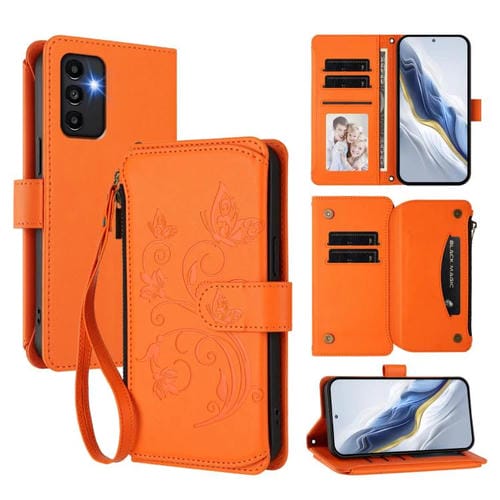 Funda de cuero con cremallera para Samsung Galaxy A13 4G / 5G / A04 4G, diseño de mariposas, flores y múltiples tarjetas (naranja)