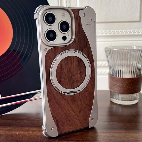 Funda de metal sin marco para iPhone 16 Pro, color nogal, con rotación de 360 grados y soporte MagSafe (color titanio)