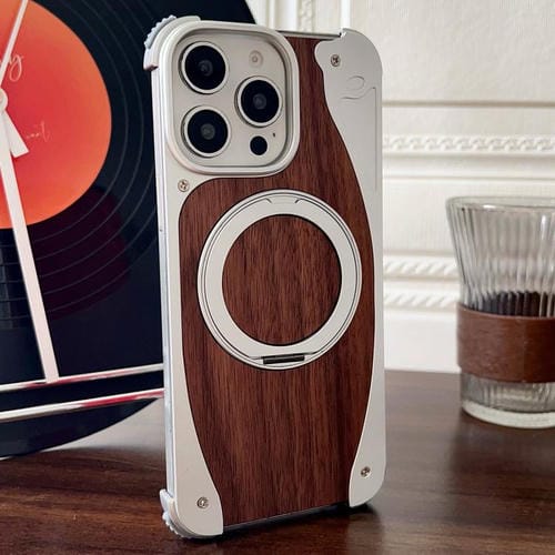 Funda de metal sin marco para iPhone 15 Pro, color nogal, con rotación de 360 grados y soporte MagSafe (plateada)