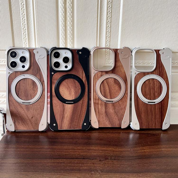 Funda de metal sin marco para iPhone 15 Pro Max, color nogal, con rotación de 360 grados y soporte MagSafe (plateada)