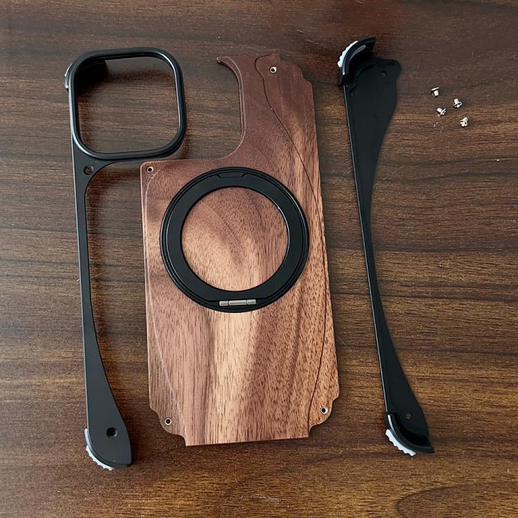 Funda de metal sin marco para iPhone 15 Pro, color nogal, con rotación de 360 grados y soporte MagSafe (dorado postre)