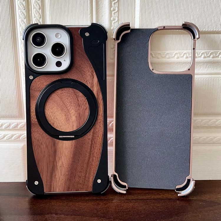 Funda de metal sin marco para iPhone 15 Pro, color nogal, con rotación de 360 grados y soporte MagSafe (plateada)