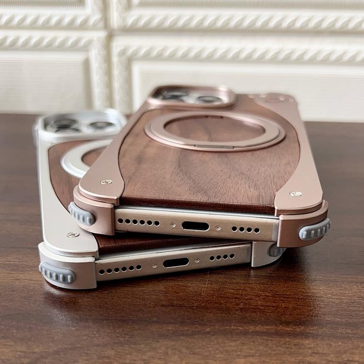 Funda de metal sin marco para iPhone 15 Pro, color nogal, con rotación de 360 grados y soporte MagSafe (dorado postre)