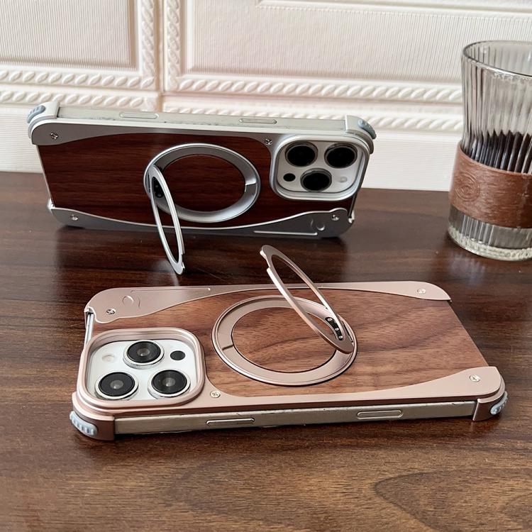 Funda de metal sin marco para iPhone 15 Pro, color nogal, con rotación de 360 grados y soporte MagSafe (dorado postre)
