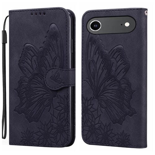 Funda de cuero con tapa horizontal y diseño retro de mariposas en relieve para iPhone 17 Air (negra)