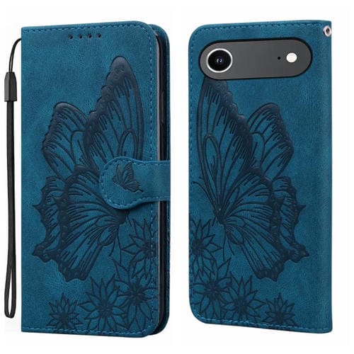 Funda de cuero con tapa horizontal y diseño retro de mariposas en relieve para iPhone 17 Air (azul)