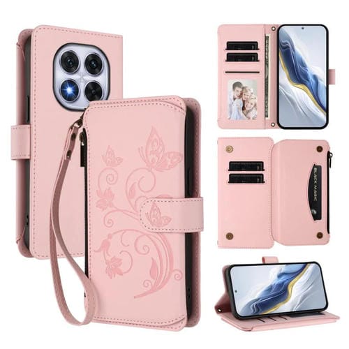 Funda de cuero con cremallera para Redmi Note 14 Pro 5G / Note 14 Pro+ 5G, diseño de mariposas, flores y múltiples tarjetas (rosa)