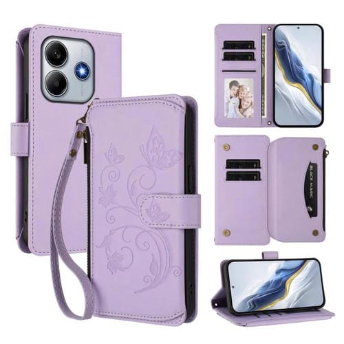 Funda de cuero con cremallera para Redmi Note 14 4G (163,25 mm), diseño de mariposas y flores, con múltiples tarjetas (morado claro)