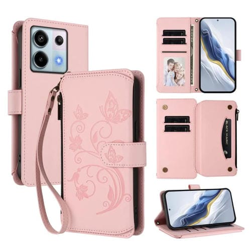 Funda de cuero con cremallera para Redmi Note 13 Pro 5G / Xiaomi Poco X6, diseño de mariposas, flores y mariposas (rosa)