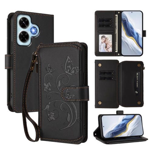 Funda de cuero con cremallera para Redmi Note 13 4G, diseño de mariposas, flores y múltiples tarjetas (negro)