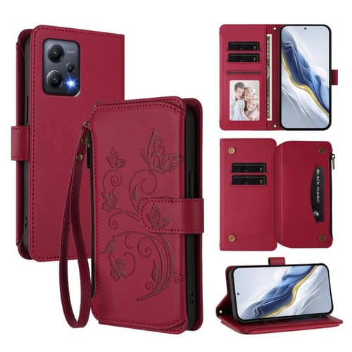 Funda de cuero con cremallera para Redmi Note 12 5G Global / Xiaomi Poco X5, diseño de mariposas, flores y múltiples tarjetas (rojo vino)
