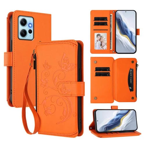 Funda de cuero con cremallera para Redmi Note 12 4G Global, diseño de mariposas, flores y amor, con múltiples tarjetas (naranja)