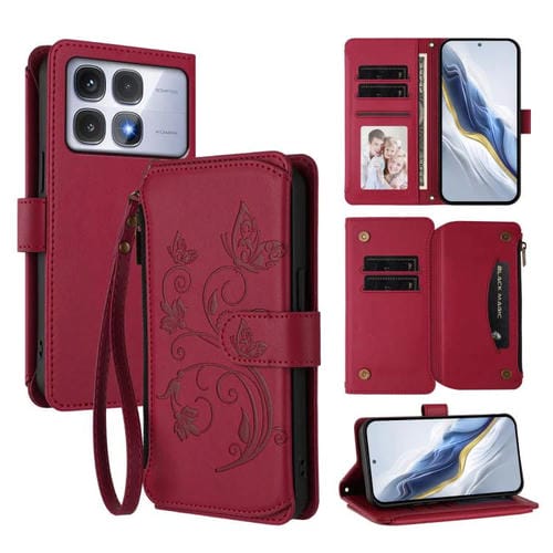 Funda de cuero con cremallera para Redmi K70 Ultra, diseño de mariposas, flores y amor, con múltiples tarjetas (rojo vino)