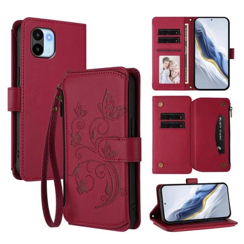 Funda de cuero con cremallera para Redmi A1/Redmi A2, diseño de mariposas y flores (rojo vino)