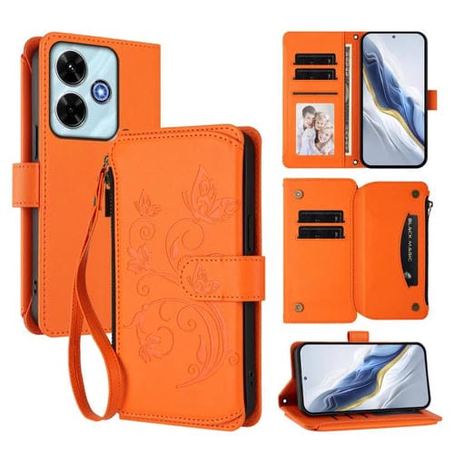 Funda de cuero con cremallera para Redmi 13 4G / 5G / 13x / Xiaomi Poco M6 4G, diseño de mariposas y flores, con múltiples tarjetas (naranja)