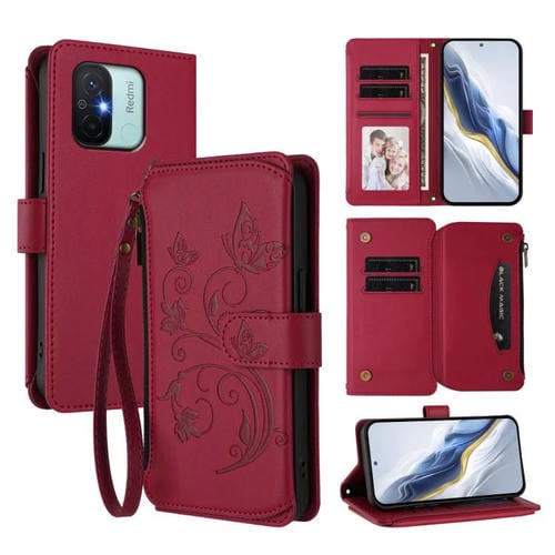 Funda de cuero con cremallera para Redmi 11A / Xiaomi Poco C55, diseño de mariposas, flores y amor, con múltiples tarjetas (rojo vino)