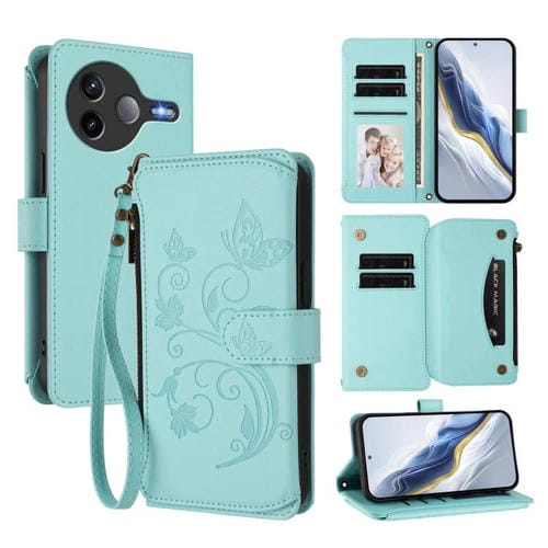 Funda de cuero con cremallera para Xiaomi Poco F7 Pro / Redmi K80, diseño de mariposas y flores, con múltiples tarjetas (verde menta)