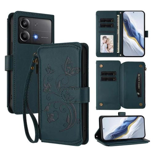 Funda de cuero con cremallera para Xiaomi Poco X6 Neo, diseño de mariposas, flores y mariposas (verde oscuro)