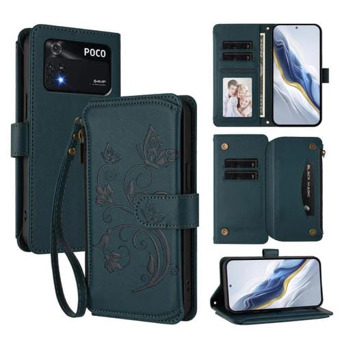 Funda de cuero con cremallera para Xiaomi Poco M4 Pro 4G, diseño de mariposas, flores y mariposas (verde oscuro)