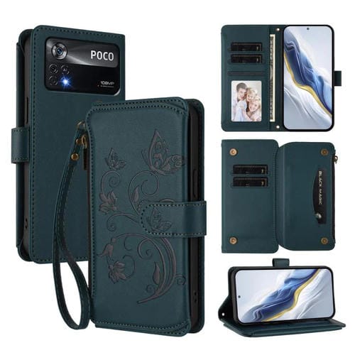 Funda de cuero con cremallera para Xiaomi Poco X4 Pro 5G, diseño de mariposas, flores y mariposas (verde oscuro)