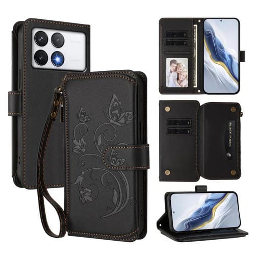 Funda de cuero con cremallera para Xiaomi Poco F6 Pro, diseño de mariposas y flores, con múltiples tarjetas (negro)