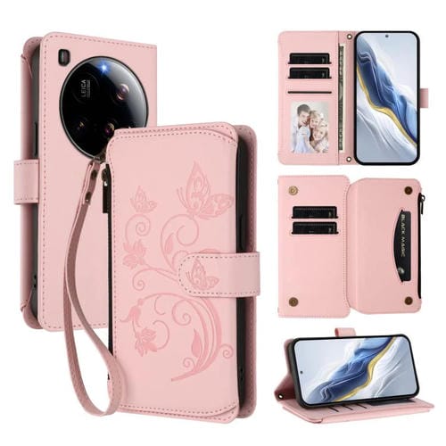 Funda de cuero con cremallera para Xiaomi 15 Ultra, diseño de mariposas y flores, con múltiples tarjetas (rosa)