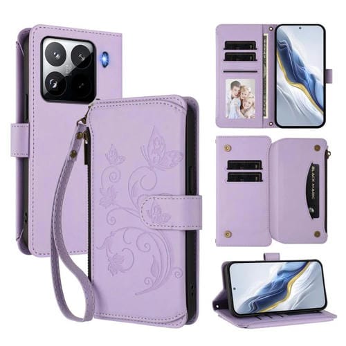 Funda de cuero con cremallera para Xiaomi 15 Pro, diseño de mariposas, flores y múltiples tarjetas (morado claro)